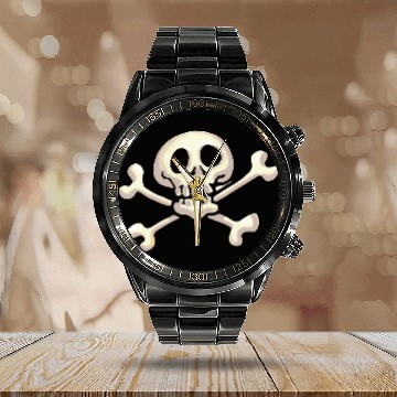 Discover Funny Cartoon Skull and Crossbones Baseball Tees Calendar Steel Band Watch