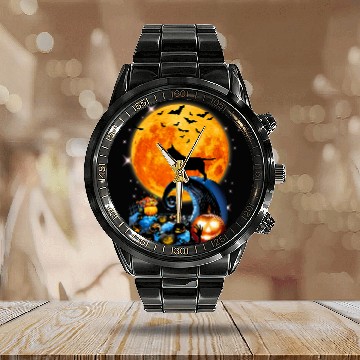 Discover Bull Terrier Dog Moon Cliff Pumpkin Halloween Calendar Steel Band Watch