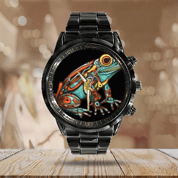 Discover Frog Native American Indian Style Art Pacific Northwest 6 Zip Calendar Steel Band Watch