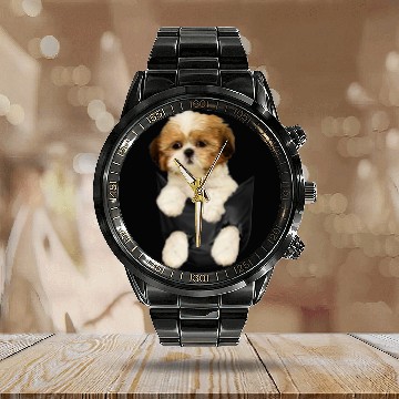 Discover Shih tzu Puppy in Pocket Calendar Steel Band Watch