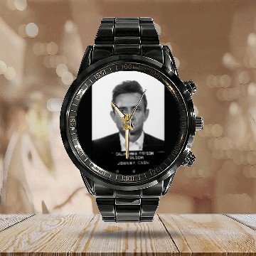 Discover Vintage JOHNNY CASH Calendar Steel Band Watch, Distressed Mug Shot Calendar Steel Band Watch