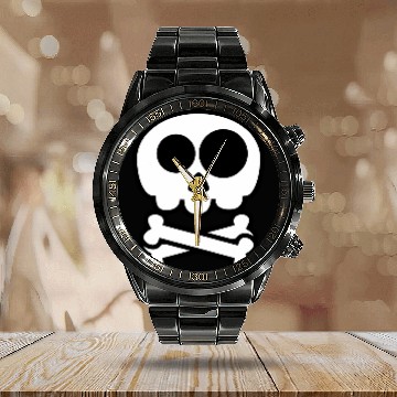 Discover Funny Skull and Crossbones Calendar Steel Band Watch