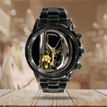 Discover Initial Letter D Monogram with Flowers and Butterfly Calendar Steel Band Watch