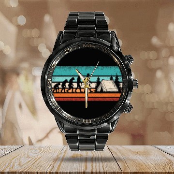 Discover Funny Camping Evolution Retro Camper Hiking Camp Calendar Steel Band Watch