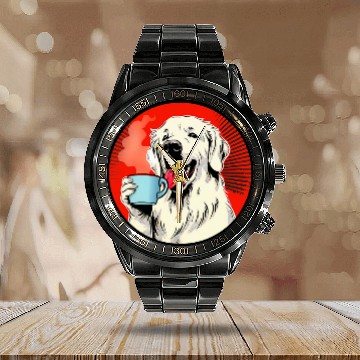 Discover Great Pyrenees Coffee Funny Dog Beverage Zip Calendar Steel Band Watch
