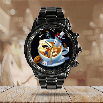 Discover Coffee cookie and morning routine Stylized design Zip Calendar Steel Band Watch