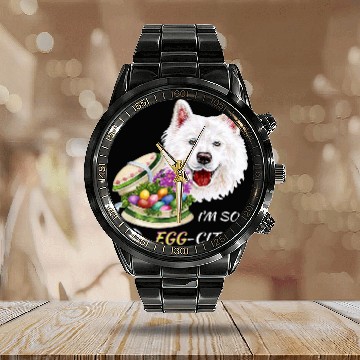 Discover Dog Samoyed Funny Samoyed Dog Easter Design Colorful Eggs Happy Spring Calendar Steel Band Watch