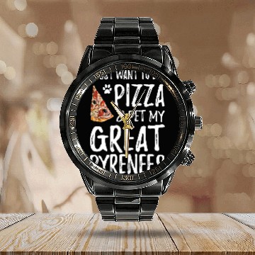 Discover Great Pyrenees Dog Lover Pizza Funny Dog Mom T Calendar Steel Band Watch