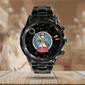 Discover Chemistry Flask Compass and Atoms Science Teacher Calendar Steel Band Watch