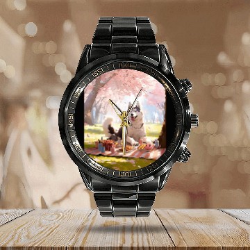 Discover Husky Cherry Blossom Funny Dog Picnic Calendar Steel Band Watch