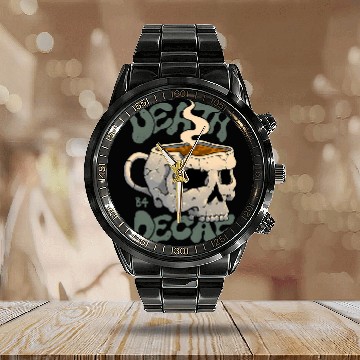 Discover Death Before Decaf Calendar Steel Band Watch