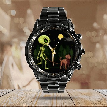 Discover Funny Chocolate Labrador Alien Walking UFO Pet Dog Mom Dad Zip Calendar Steel Band Watch
