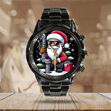 Discover Funny Santa as a Plumber Fixing a leaky pipess at North Pole 1 Calendar Steel Band Watch