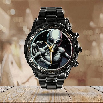 Discover Gray Alien UFO Calendar Steel Band Watch