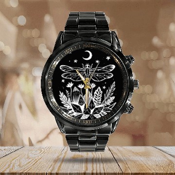 Discover Goth Celestial Botanical Art Witchy Crystal Dragonfly Zip Calendar Steel Band Watch
