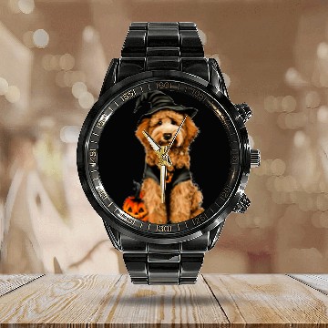 Discover Halloween Goldendoodle dressed as a witch Calendar Steel Band Watch