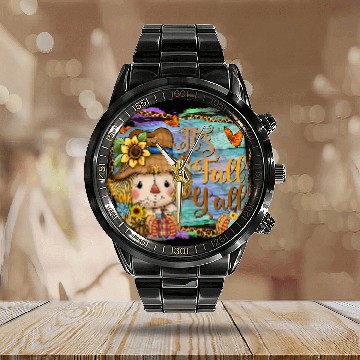 Discover Its Fall Yall Scarecrow Man Butterfly Pumpkin Sunflower Calendar Steel Band Watch