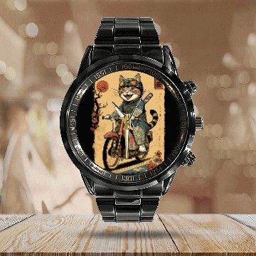 Discover Japanese Samurai Cat on Motorcycle Kawaii Ninja Cat 24 Calendar Steel Band Watch