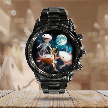 Discover Three Axolotls Starry Night 2Axolotls Howling At The Moons Calendar Steel Band Watch