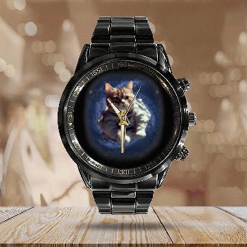 Discover Galaxy Kitty Astronaut Cat Adventure in Space Calendar Steel Band Watch