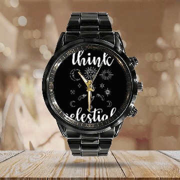 Discover THINK CELESTIAL Celestial Moon Phase Moth Crystals Stars Calendar Steel Band Watch