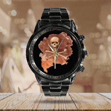 Discover Skull and Crossbones Pirate Symbol Calendar Steel Band Watch