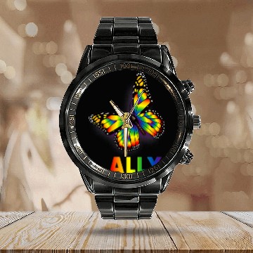 Discover LGBTQ  Ally Rainbow Flag Butterfly Design Pride Calendar Steel Band Watch