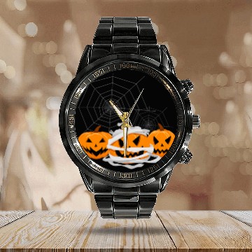 Discover Three Halloween Pumpkins Jack O Lantern Faces Spider Web Calendar Steel Band Watch