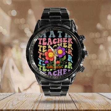 Discover Teacher Math groovy 70s 80s text style flowers design Baseball Tees Calendar Steel Band Watch