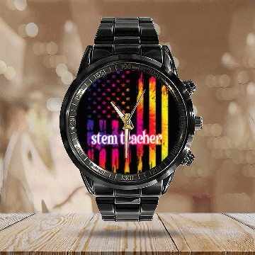 Discover STEM Teacher US Flag Science Technology Engineering Math 21 Calendar Steel Band Watch