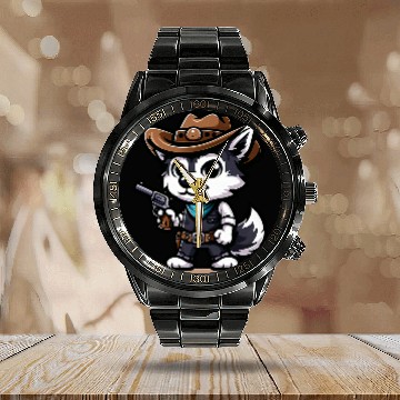 Discover Husky Wild West Funny Dog Cowboy Calendar Steel Band Watch