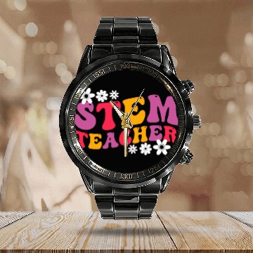 Discover STEM Teacher Groovy Science Technology Engineering Math 21 Calendar Steel Band Watch