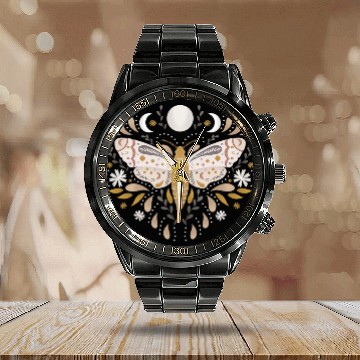 Discover Mystical Moth Terracotta Tan Celestial Flower Moon Phases Calendar Steel Band Watch