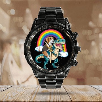 Discover Dinosaur T Rexs Rainbow Cloud Sparkles Beagle Calendar Steel Band Watch