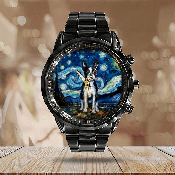 Discover Dog in starry night van gogh Boston Terrier Calendar Steel Band Watch