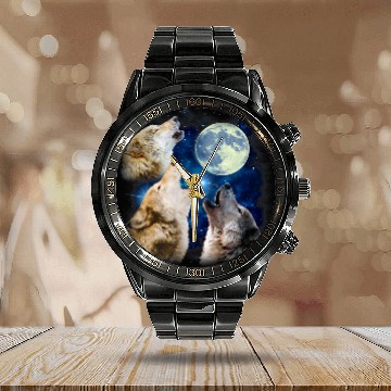 Discover Three Wolfs Howling At The Moon 2Wolves Lover Starry Night Baseball Tees Calendar Steel Band Watch