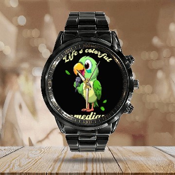 Discover Parrot In Comic Look Microphone Calendar Steel Band Watch