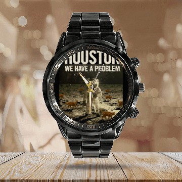 Discover Funny Houston We Have A Problem Cat Lover Moon Astronaut Baseball Tees Calendar Steel Band Watch