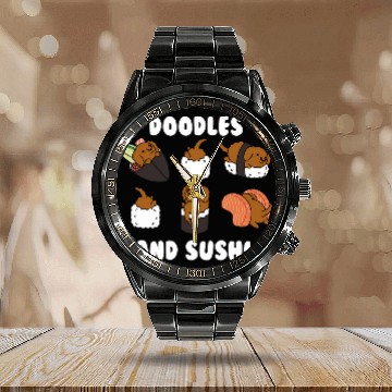 Discover Goldendoodle And Sushi Dog Calendar Steel Band Watch