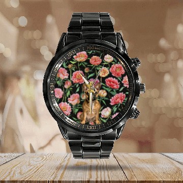 Discover French Bulldog Peonies Pink White vintages Plant Pattern Baseball Tees Calendar Steel Band Watch