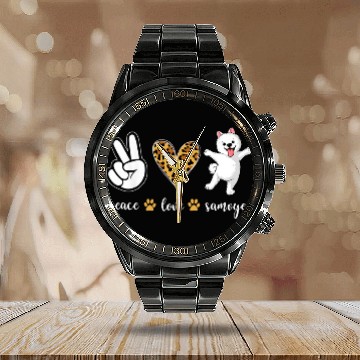 Discover Dog Samoyed Peace Love samoyed dog Baseball Tees Calendar Steel Band Watch