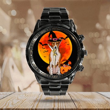 Discover Dog Halloween Basenji Jack O Lantern Pumpkin Calendar Steel Band Watch