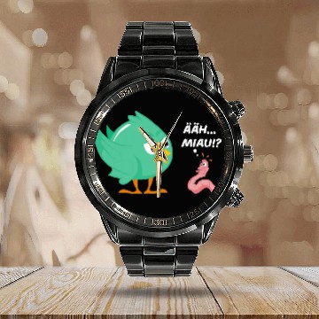 Discover Uh meow     Funny bird and worm 2funny thing Baseball Tees Calendar Steel Band Watch