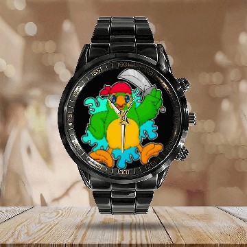 Discover Parrot Pirate Saber Calendar Steel Band Watch