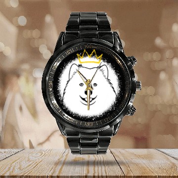Discover Dog Samoyed with Crown Calendar Steel Band Watch