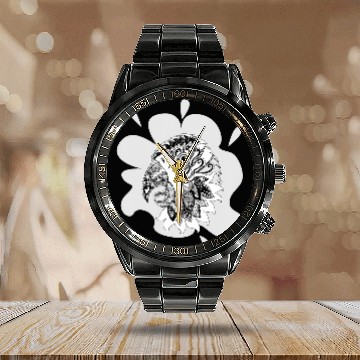 Discover Patterned exotic parrot artwork black and white Mehndi Calendar Steel Band Watch