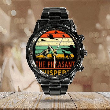 Discover Pheasant bird hunting funny whisperer hunter Retro sunset Calendar Steel Band Watch