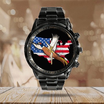 Discover Pheasant Hunter American Flag Graphic Bird Hunting Vintage Calendar Steel Band Watch