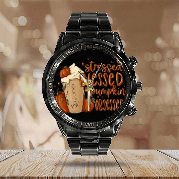 Discover Turkey Day   Stressed Blessed Pumpkin Spice Obsessed Calendar Steel Band Watch