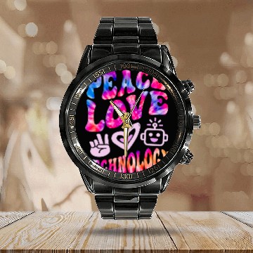 Discover Retro PEACE LOVE TECHNOLOGY vintages Computer Teacher Vibes Calendar Steel Band Watch